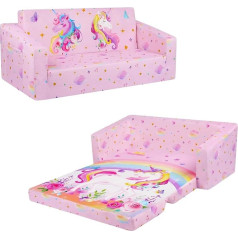 Decalsweet Vaikiška sofa Išskleidžiama sulankstoma sofa 2 in 1 itin didelė vaikiška sofa su medžiaginiu krepšeliu ir neslystančiu kilimėliu mergaitėms berniukams Vaikiška kėdė Žaidimų sofa Svetainė Vaikų kambarys Vaikystės kambarys Vaivo