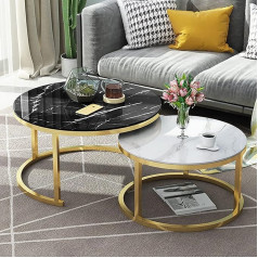 Generisch Apvalus metalinio rėmo sukraunamų kavos staliukų rinkinys Marble Effect Glass Desk Top Nesting Tables for Home, Office, Living Room or Lounge (Gold Frame, 70cm, Black+50cm, White)