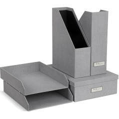 BIGSO BOX OF SWEDEN HOLGER 5 dalių rašomojo stalo rinkinys - organizavimo sistema su 2 žurnalų segtuvais, 2 laiškų dėklais ir dėžute - lininio pluošto ir popieriaus organizatorius - šviesiai pilka spalva