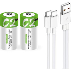 USB C ličio jonų įkraunamos baterijos, 1,5 V 5000 mWh įkraunamos C baterijos, 2 val. greitasis įkrovimas, 1200 ciklų su C tipo įkrovimo kabeliu, apsauga nuo perkrovimo, 2 vnt.