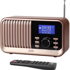 Įkraunamas DAB+/FM radijo imtuvas su dvigubu žadintuvu August MB450K Nostalgija Nešiojamas virtuvės radijo imtuvas su 60 išankstinių nustatymų Bluetooth 5.3 garsiakalbis Medinis korpusas USB/AUX/MicroSD, iki 18 valandų veikimo laikas, nuotolinio v