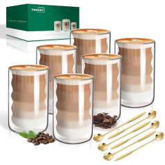 twoant 6 x 400ml dvigubo stiklo kavos puodeliai su 6 šaukštais, kapučino latės arbatos puodeliai Skaidrūs kavos puodeliai Borosilikatiniai karščiui atsparūs stikliniai puodeliai