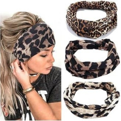 Yean Boho jogos galvos juostos Platus elastingas leopardo spausdinimo turbanas Mados plaukų juosta moterims ir mergaitėms, 3 dalys (leopardo spausdinimas)