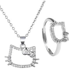 XUZOPIM Hello Kitty vėrinio papuošalų rinkinys Žiedo ir grandinėlės rinkinys Hello Kitty Diamond Cat vėrinys Kawaii Bow Kitten pakabukas vėrinys papuošalai, dovanos mergaitėms, 2 vnt., legiruotas plienas