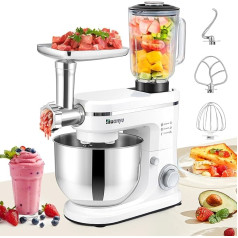 Huanyu 3-in-1 virtuvinis kombainas, 6 litrų talpos, virtuvinis kombainas, tešlos, minkymo, mėsmalė, universalus virtuvinis kombainas, 1500 W maišytuvas su mėsmale
