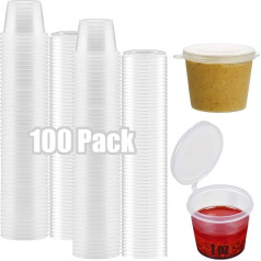 100 x apvalios maisto talpyklos su dangteliais Plastikiniai šarnyriniai daugkartinio naudojimo želė šūvių stiklainiai Skaidrus mažas Deli restoranų salotos 25ml