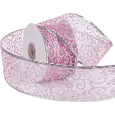 RUSPEPA Laidinė Kalėdų atostogų juosta - Šviesiai rožinė sūkurinė blizganti juosta - 63 mm x 22 m ritinyje - sidabrinis laidinis kraštas
