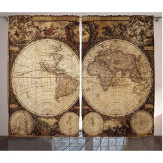 ABAKUHAUS Pasaulio žemėlapio kaimiška užuolaida, istorinis senas atlasas, gyvenamasis kambarys Universalios juostinės užuolaidos su kilpomis ir kabliukais, 280 x 260 cm, rudas kupranugaris