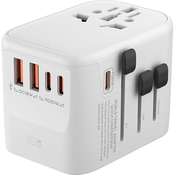 GaN 65 W universalus kelioninis adapteris Visame pasaulyje tarptautinis kištukinis adapteris su 3 PD USB C ir 2 QC USB-A universaliais kištukais visame pasaulyje, skirtas ES, JAV, JK, iš daugiau nei 200 šalių (baltas)