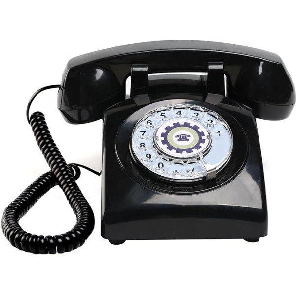 Retro rotacinis telefonas su mechaniniu skambėjimo mechanizmu, maitinamas iš telefono linijos, be baterijos ar išorinio maitinimo šaltinio (juodas)