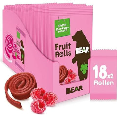 BEAR Vaisių ritinėliai su avietėmis | 100% natūralūs ingredientai | Be pridėtinio cukraus | Sveikas užkandis vaikams ir suaugusiesiems | 18 maišelių po 20g | 360g