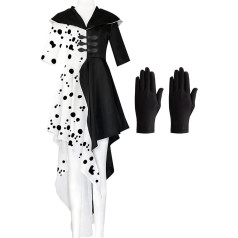 Karnavalinis Cruella Deville moteriškas kostiumas: Cosplay raganos suknelė Juoda balta dalmatino suknelė karnavalo Helovino vakarėlio suknelė