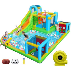 FBSPORT Sūpuoklių pilis lauke su ventiliatoriumi 480 x 370 x 210 cm Sūpuoklių pilys Vaikai Pripučiama sūpuoklių pilis lauke XXL Lauko didelė sūpuoklių pilis su čiuožykla Tinka vaikams