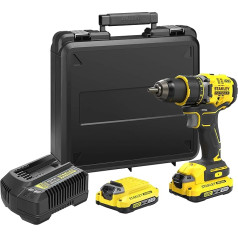 Stanley FatMax 18V 2 greičių akumuliatorinis gręžtuvas SFMCD720D2K (2,0 Ah, maks. sukimo momentas 80 Nm, bešepetėlinis variklis su metaline pavara, LED lemputė, 2 akumuliatoriai, įkroviklis, diržo spaustukas ir dėklas)
