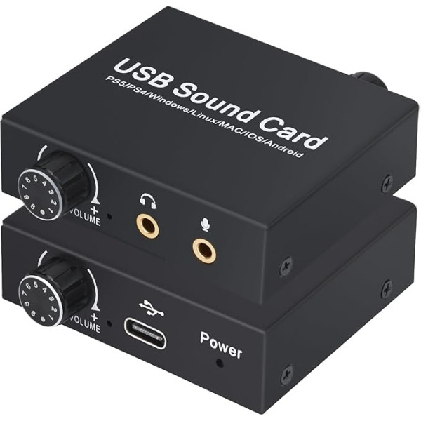 USB garso plokštė Išorinė Tendak stereofoninė garso plokštė USB garso adapteris su 3,5 mm ausinių ir mikrofono prievadu, garsumo reguliavimas, žemų dažnių reguliavimas, skirtas PS5, PC, nešiojamiesiems ir staliniams kompiuteriams, Windows, Ma