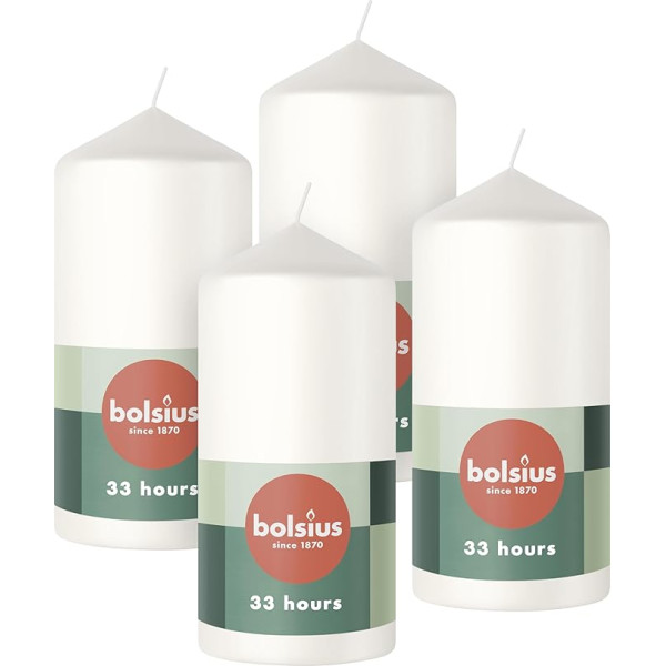 Bolsius Smooth Pillar Candles - baltos spalvos - 4 vnt. - 12 x 6 cm - dekoratyvinės namų apyvokos žvakės - degimo trukmė 33 valandos - be kvapo - sudėtyje yra natūralaus augalinio vaško - be palmių aliejaus - Valentino proga