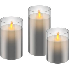goobay 57865 3 LED tikro vaško žvakių rinkinys stikle (pilkos spalvos) su laikmačio funkcija, šilta balta žvakių šviesa, judanti liepsna, 10, 12,5 ir 15 cm aukščio žvakės, skaidrios