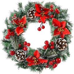 Kaimirui 40,6 cm Weihnachtskranz, lauko Weihnachtskranz mit roten künstlichen Weihnachtsstern Blumen Kugel Ornamente Tannenzapfen Beeren für Tür Wand Fenster Kamin Heimdekoration