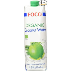 FOCO Ekologiškas kokosų vanduo Grynas gaivinantis troškulį malšinantis sportinis gėrimas Mažai kalorijų Natūraliai veganiškas 100% kokosų vanduo - 6 x 1 litras