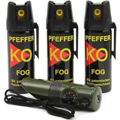Ballistol Defence Spray Pepper KO Fog 3 skardinės po 50 ml pipirinio purškalo iki 5 m atstumu, įskaitant signalinį švilpuką 6-in-1