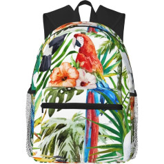 FRESQA Toucans Parrot Palm Tree Leaves Print Madinga laisvalaikio kuprinė Daugiafunkcinė kelionių kuprinė, puikiai tinkanti naudoti lauke