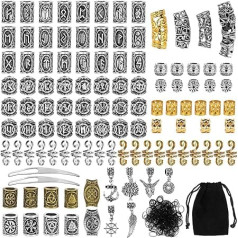 Queta 110 dalių Rune karoliukų rinkinys su 400 guminių juostų Vikingų Rune barzdos karoliukai Šiaurės šalių plaukų karoliukai Barzdos papuošalai Antikvariniai pasidaryk pats barzdos karoliukai Plaukų aksesuarai Pynimo apyrankė Pakabukas Pakab