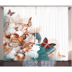 ABAKUHAUS Natūralios kaimiškos užuolaidos, spalvingi drugeliai skraido, miegamojo užuolaidos su kilpomis ir kabliukais, 280 x 175 cm, šviesiai oranžinės, baltos spalvos