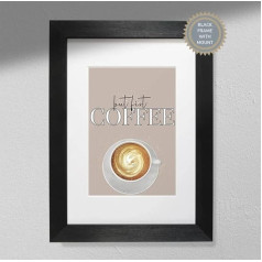 Hygge Creations BUT FIRST COFFEE 230 gsm meninio popieriaus Didžiojoje Britanijoje pagamintas medinis rėmelis su pleksikliniu stiklu, baltas, A3 formato, baltas, be montavimo, atspausdintas A4 formato rėmelyje