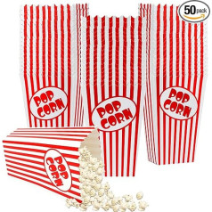 Popkornų dėžutės vakarėliams, 14 cm aukščio, raudonai ir baltai dryžuotos, mini popkornų kibirėlis ir popkornų dubenėlis kino teatrui, namams, karnavalo dekoracijoms, 50 vnt.