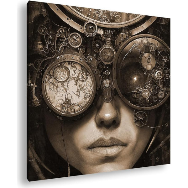 deyoli Steampunk veidas su dekoruotais krumpliaračiais ir akiniais, visiškai mechaninis tikslus formatas: 40 x 40 cm efektas: Motyvas ant tikro medžio rėmo, aukštos kokybės skaitmeninė spauda