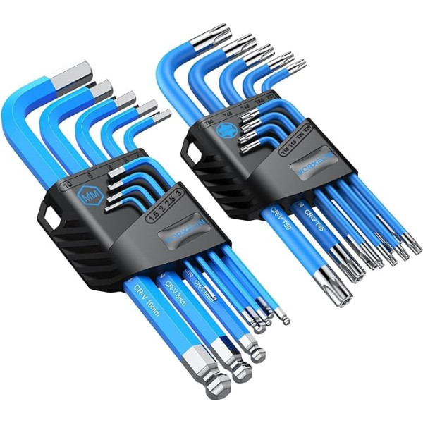 VORXEON Allen raktų rinkinys 9 dalių 1,5-10 mm ir 9 dalių TX T10-T50 Allen raktų rinkinys Cr-V plieno S2 plieno sulankstomas laikiklis ir spalvinis kodavimas, skirtas dviračių, automobilių, motociklų remontui 