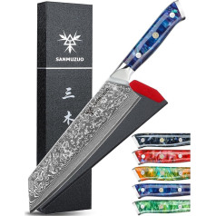 Kiritsuke Damasko peilis, 22 cm virėjo peilis, Xuan serija, VG10 Damasko plieno virtuvinis peilis, dervos rankena (safyro mėlyna)