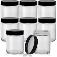 BELLE VOUS Skaidrūs apvalūs plastikiniai stiklainiai su dangteliais, pagaminti iš juodos spalvos plastiko (8 vnt.) - 240 ml hermetiškas stiklinis sandėliavimo rinkinys Užsukamas stiklainis su dangteliu, skirtas virtuvei ir maistui, kavai ir prieskon