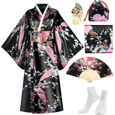 PLULON Japonų kimono chalatas Geiša Jukata suknelė Peacock Blossom Satino chalatas su priedais moterims