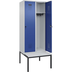 kaiserkraft | Spind Evolo Plus Sitzbank | 2 Abteile | lichtgrau/enzianblau | B 800 mm | Sicherheits-Drehriegel | mit untergebauter Sitzbank | Kunststoff