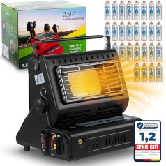 Z.M.C 2-in-1 nešiojamas keraminis dujinis šildytuvas ir dujinė viryklė 1,3 kW su LPG jungtimi + 28 dujų kasetės, stovyklavimo viryklė su pjezo uždegimu, stovyklavimo šildytuvas, dujinis šildytuvas patalpoms, lauke, stovyklavimui,