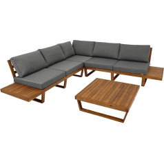 DEGAMO Cartagena svetainės komplektas Sodo komplektas su kampine sofa ir poilsio stalu 15 dalių Akacijų mediena, rudos spalvos, alyvuota, su pilkos spalvos apmušalais Matmenys 248 x 248 cm Naudojimas lauke ir viduje