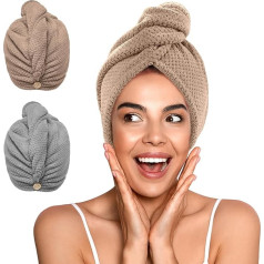 YFONG Mikropluošto rankšluostis moterims Super absorbuojantis greitai išdžiūvantis plaukų turbanas visoms šukuosenoms Anti Frizz Didelis plaukų džiovinimo rankšluostis su mygtuku 2 pakuotė
