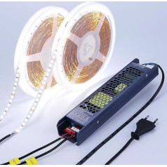 BENLUN LED juosta 24 V 20 m (10 m x 2), 6000 K Cool White Super ryškus 27000 LM 300 W LED juosta, savaime prilimpanti pjaunama LED juosta su AC 220 V perjungiamu maitinimo šaltiniu, skirta luboms, kambarių apdailai