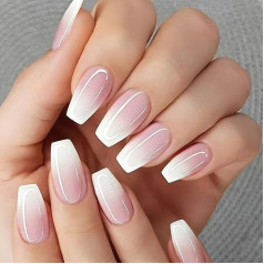 French Künstliche Nägel, Medium, 24 Stück, Farbverlauf, Weiß / Rosa, französische Nägel, quadratisch, zum Aufdrücken, französische Nagelspitzen mit Nagelkleber, Nägel für Frauen und Mädchen,