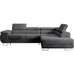 Selsey STEVIL kampinė L formos sofa su miego funkcija, lovos dėžė, dešinysis otomanas, virvės užvalkalas, tamsiai pilka