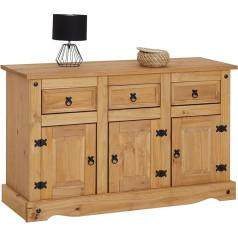 Caro-Möbel Salsa Sideboard Meksikietiško stiliaus Highboard Sideboard 3 stalčių ir 3 durų vitrininė vaškuota pušies masyvo lentynėlė