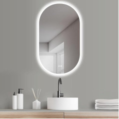 Hoko ® Dizainas nuo rūko Vonios kambario veidrodis ovalus 50 x 90 cm aukščio + kraštovaizdžio montavimas Galimas didelis LED vonios kambario veidrodis be rėmo su 2 jutikliniais jungikliais + LED šviesos keitimas šilta balta šalta balta neutrali