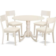 East West Furniture DLAD5-LWH-LC 5 dalių modernaus valgomojo stalo komplektą sudaro apvalus medinis stalas su lašeliu ir 4 dirbtinės odos valgomojo kėdės, 42