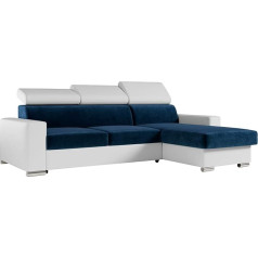 Mks Meble Kampinė sofa Svetainė - Gyvenamasis kraštovaizdis - L formos sofa su miego funkcija - Sofa lova - Svetainės L sofa - Minkšta sofa su lovos dėže - Fox Navy Blue White