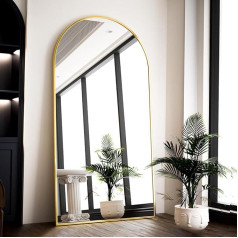 BEAUTYPEAK Didelis arkinis viso kūno veidrodis 180 x 76 cm, išlenktas stovintis veidrodis, kabantis arba atremtas į sieną, didelis grindų veidrodis su stovu miegamajam, svetainei ar drabužinei, auksinis