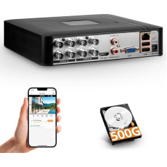 Stebėjimo vaizdo registratorius 8CH H.265+ saugumo vaizdo įrašymo įrenginys su 500 GB kietuoju disku, hibridinis 5 in 1 CCTV vaizdo registratorius IPC/AHD/TVI/XVI/CVI kameroms, vaizdo registratorius namų apsaugos kamerų stebėjimo sistemai (P-System