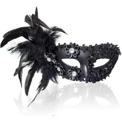 FRUOR 2025 Neue Maskerade Maske für Frauen, Schwarze venezianische Maske mit Federn, Pailletten und Blumen für Halloween Kostüm Karneval