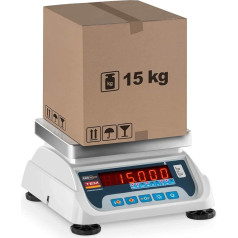 TEM TEKO+LED15T-PLS-B1 Stalo svarstyklės Rinkos svarstyklės Skaitmeninės svarstyklės Kalibruotos Kalibruotos 6 kg / 15 kg 2 g / 5 g LED ekranas Baterija iki 40 valandų veikimo Įvairios funkcijos