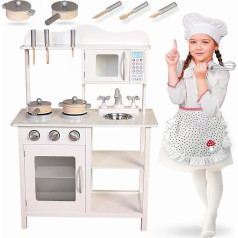 RICOKIDS medinė žaislinė virtuvė, vaikiška virtuvė su kriaukle, virykle, valgomojo kampeliu, daugybe priedų, MDF plokštė, balta/ruda, 92 x 82,5 x 30 cm, elegantiški virtuvės reikmenys, pagaminti iš nerūdijančio plieno (ne